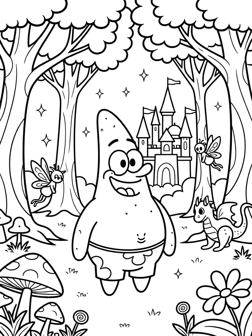 A fantasy background of Patrick Star in a magical forest or castle, with sparkles and mystical creatures.