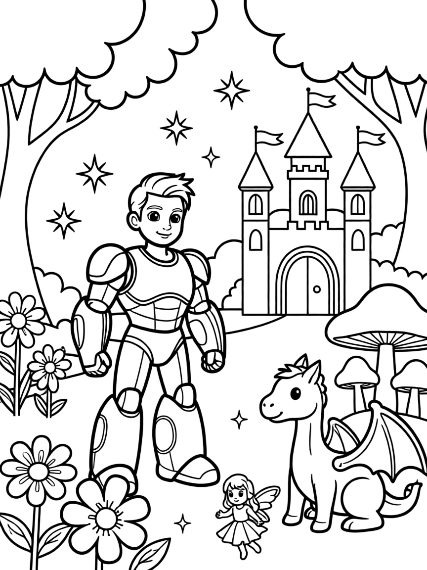 A fantasy background of Bumblebee in a magical forest or castle, with sparkles and mystical creatures.