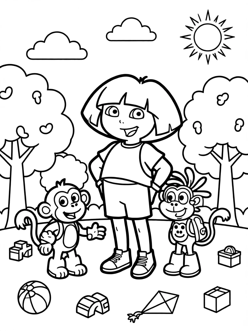 Dora the Explorer smiling and posing with their sidekicks, surrounded by trees, toys, or fun backgrounds.