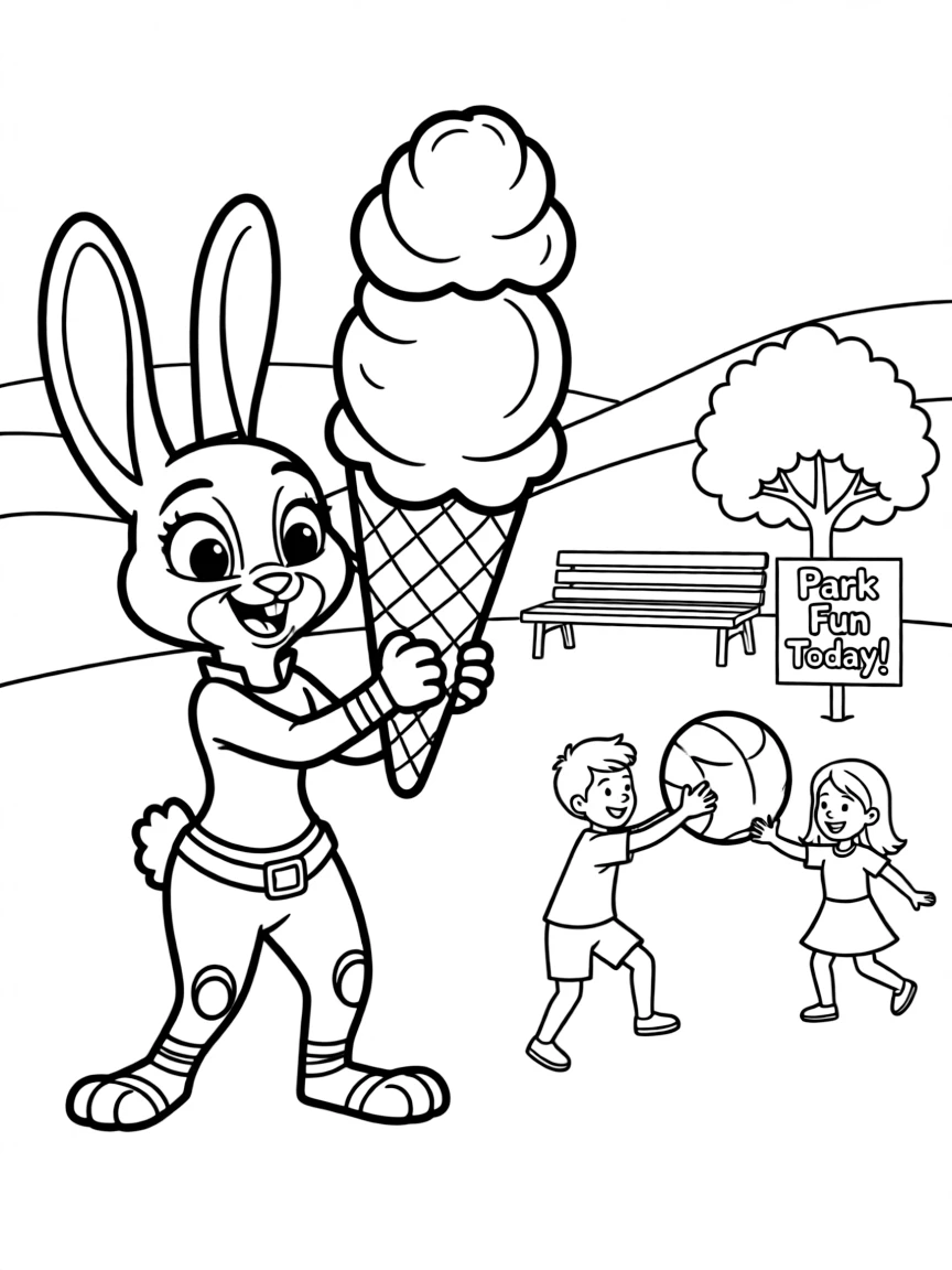 Judy Hopps enjoying a day off, eating ice cream or playing with friends in a park setting.