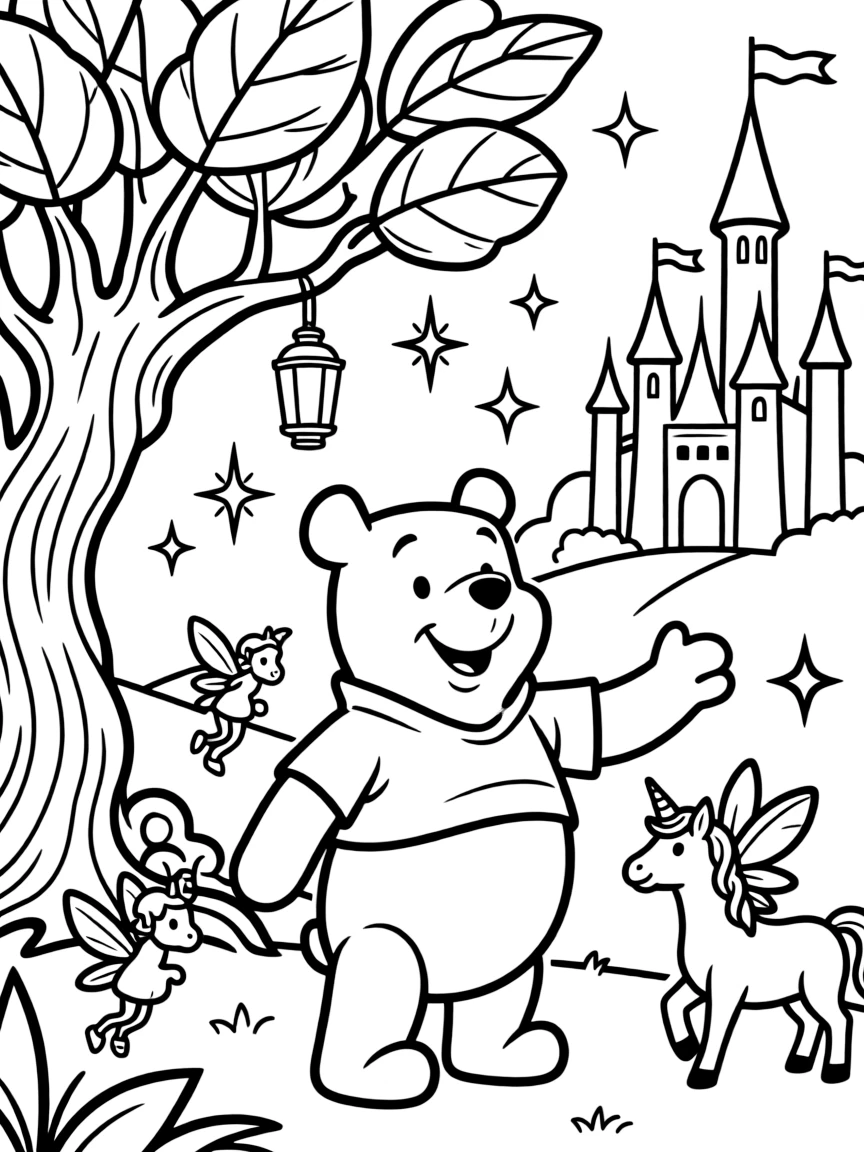A fantasy background of Winnie the Pooh in a magical forest or castle, with sparkles and mystical creatures.
