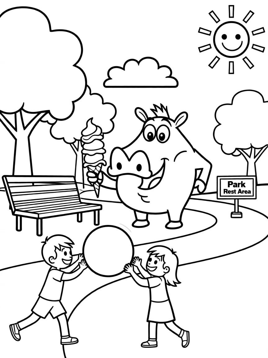 Pumbaa enjoying a day off, eating ice cream or playing with friends in a park setting.