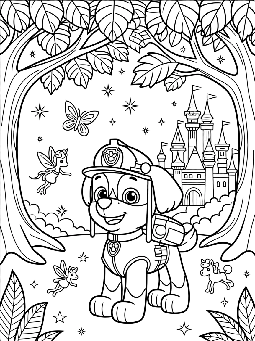 A fantasy background of Marshall in a magical forest or castle, with sparkles and mystical creatures.