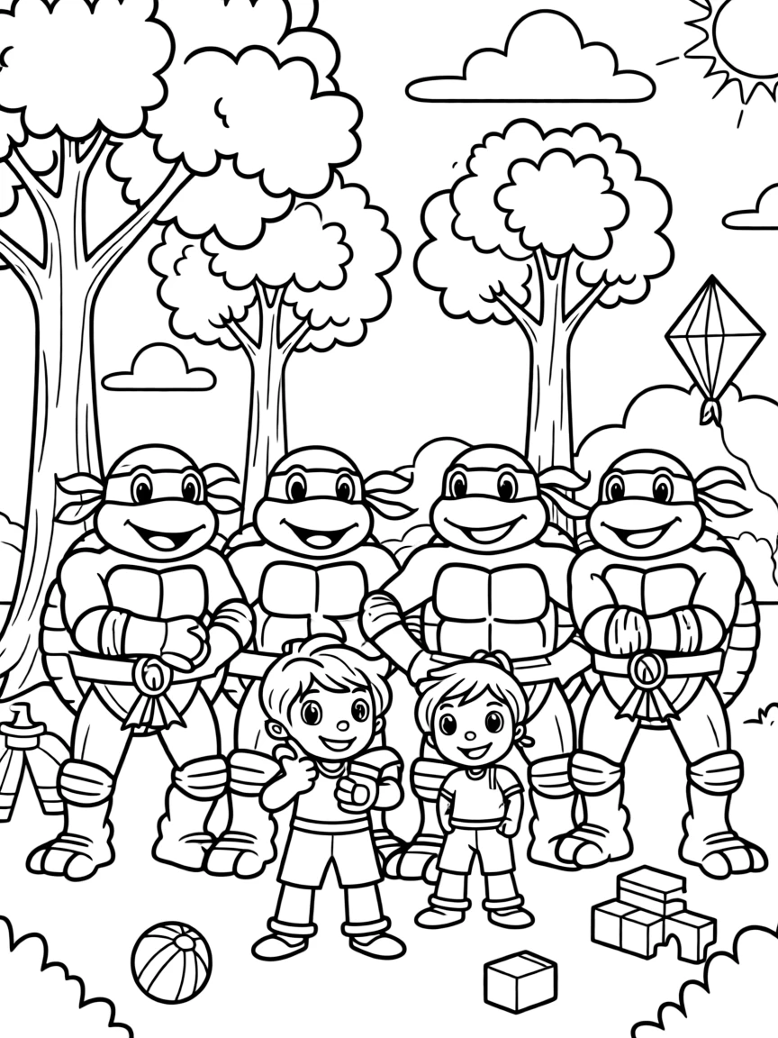Teenage Mutant Ninja Turtles smiling and posing with their sidekicks, surrounded by trees, toys, or fun backgrounds.