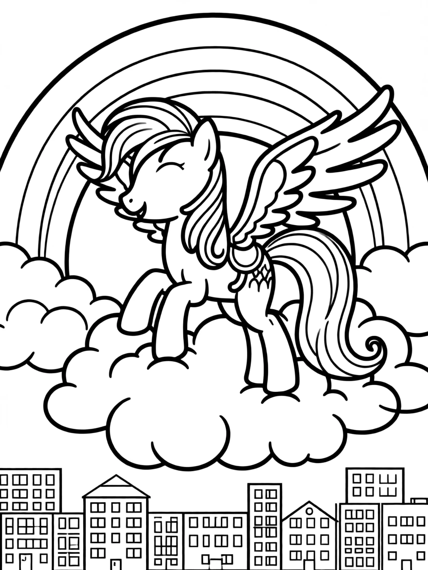 My Little Pony flying through the clouds with a rainbow behind and city skyline below.