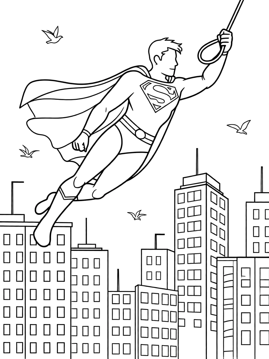 A fun and detailed coloring page of Superman swinging through a city full of tall buildings and birds.