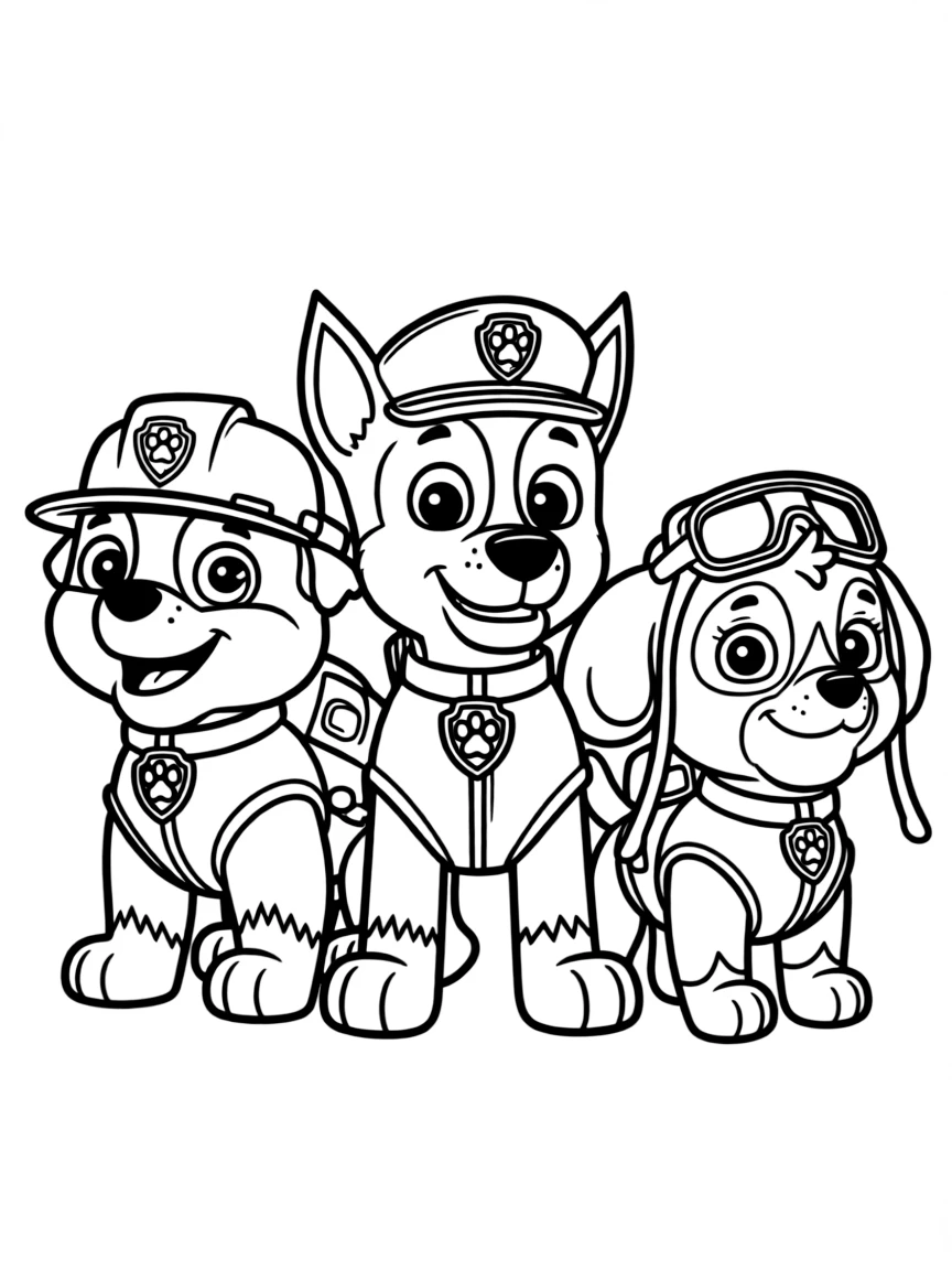A group coloring page featuring Rubble with other characters from the same show or movie.