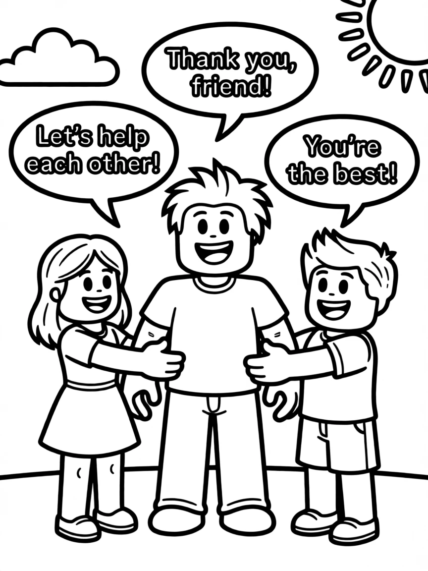 A cartoon-style drawing of Roblox helping friends, with speech bubbles and cheerful faces.