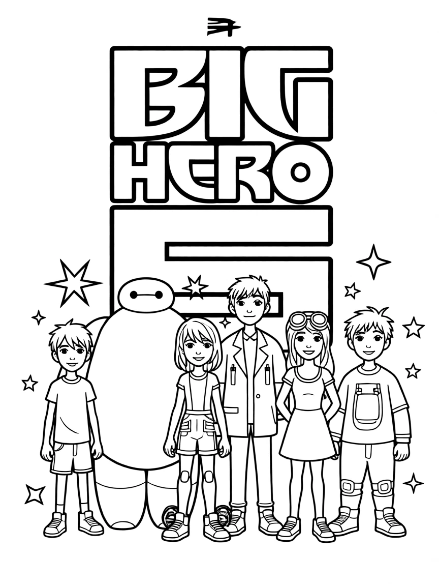 Big Hero 6 standing proudly in front of their iconic logo with stars and comic-style effects around.