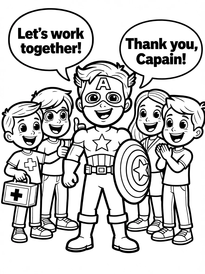 A cartoon-style drawing of Captain America helping friends, with speech bubbles and cheerful faces.