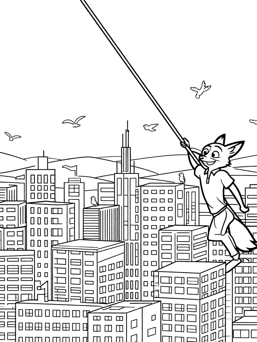 A fun and detailed coloring page of Nick Wilde swinging through a city full of tall buildings and birds.