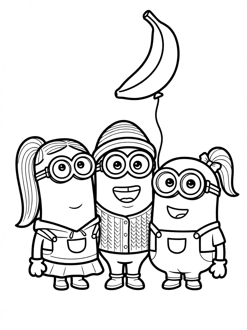 A group coloring page featuring Minions with other characters from the same show or movie.