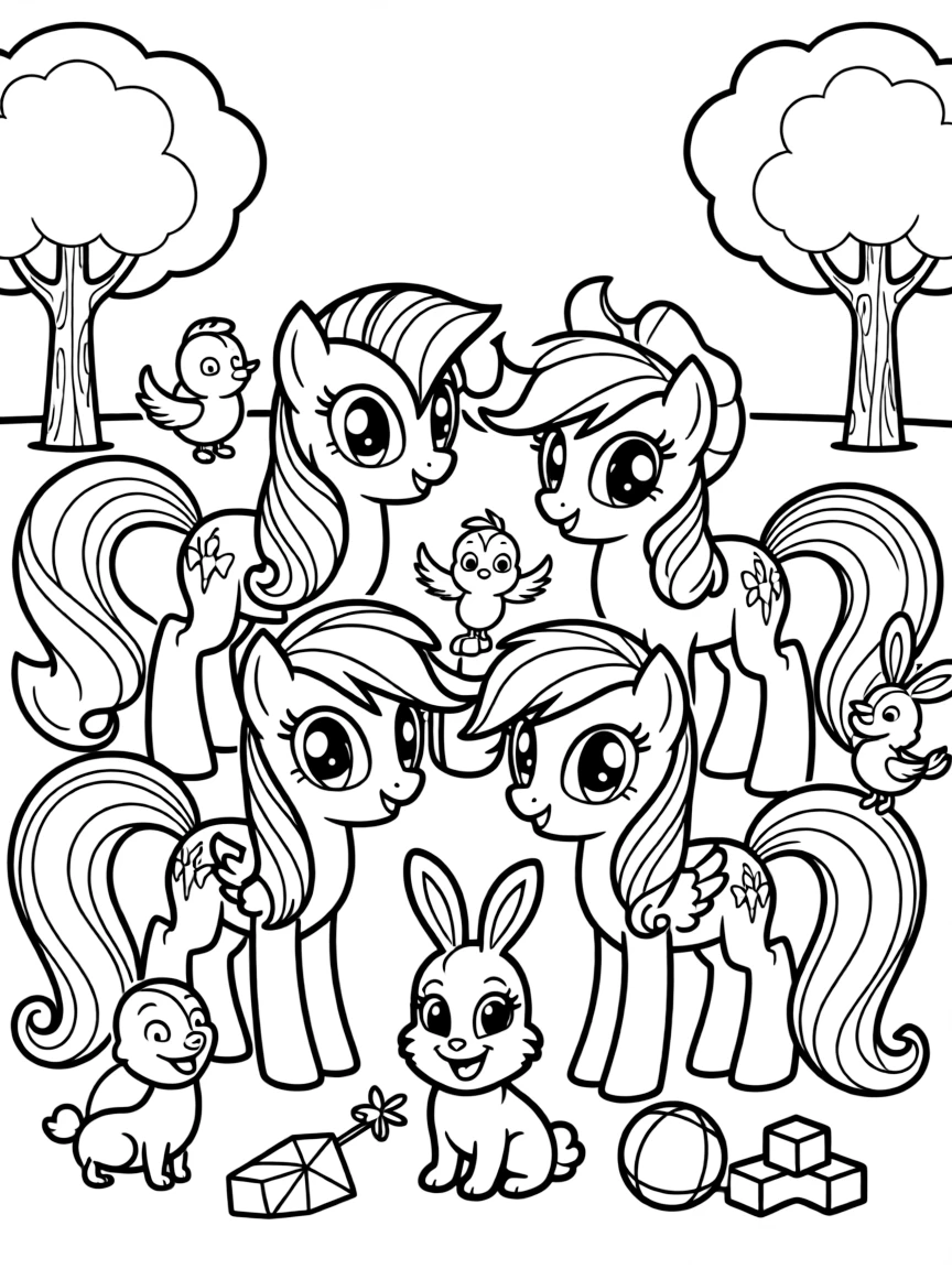 My Little Pony smiling and posing with their sidekicks, surrounded by trees, toys, or fun backgrounds.