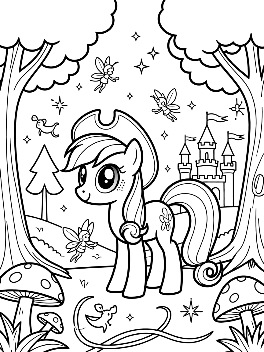A fantasy background of Applejack in a magical forest or castle, with sparkles and mystical creatures.