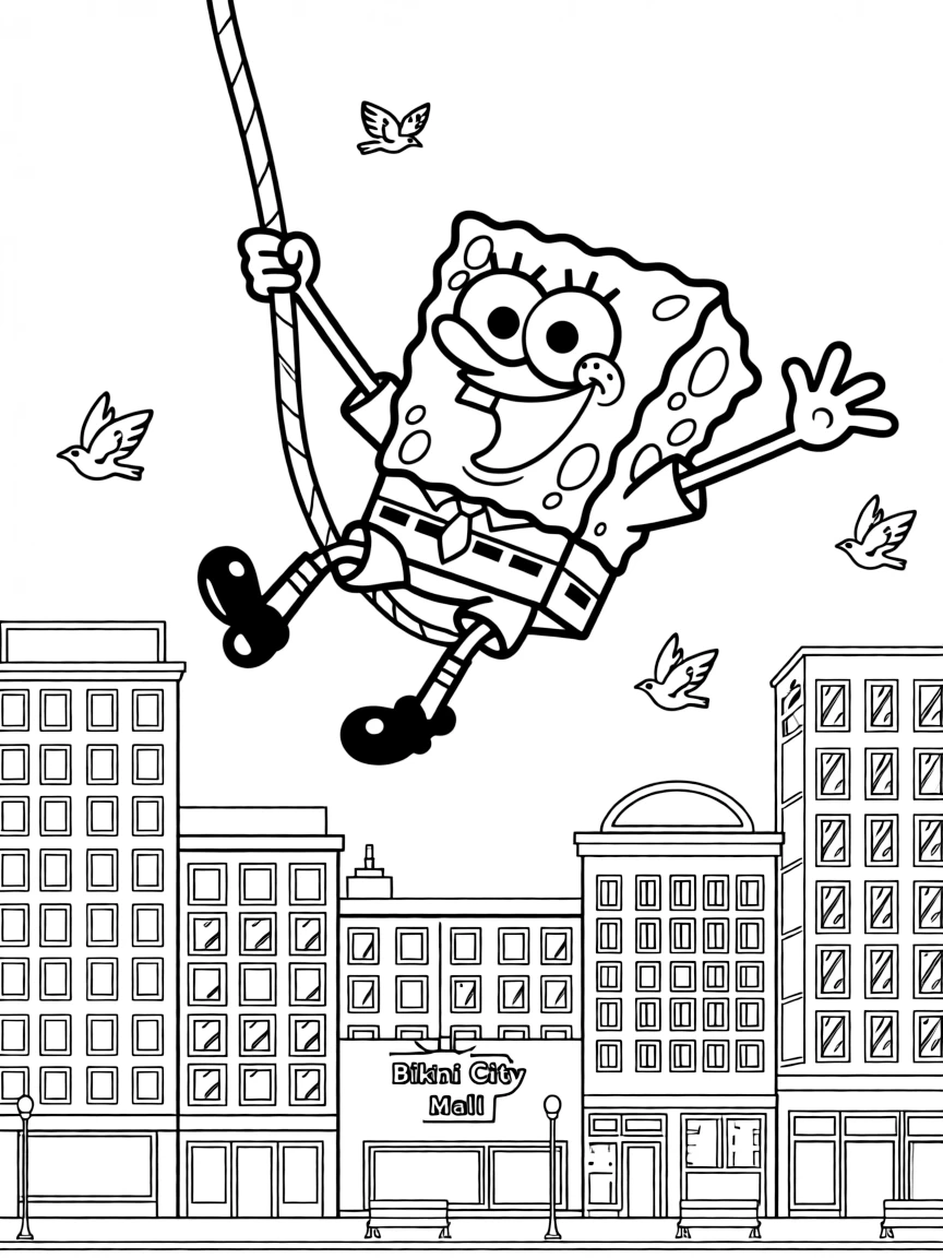 A fun and detailed coloring page of SpongeBob SquarePants swinging through a city full of tall buildings and birds.
