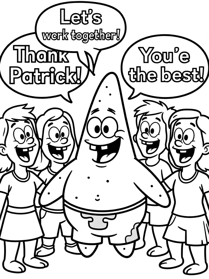 A cartoon-style drawing of Patrick Star helping friends, with speech bubbles and cheerful faces.