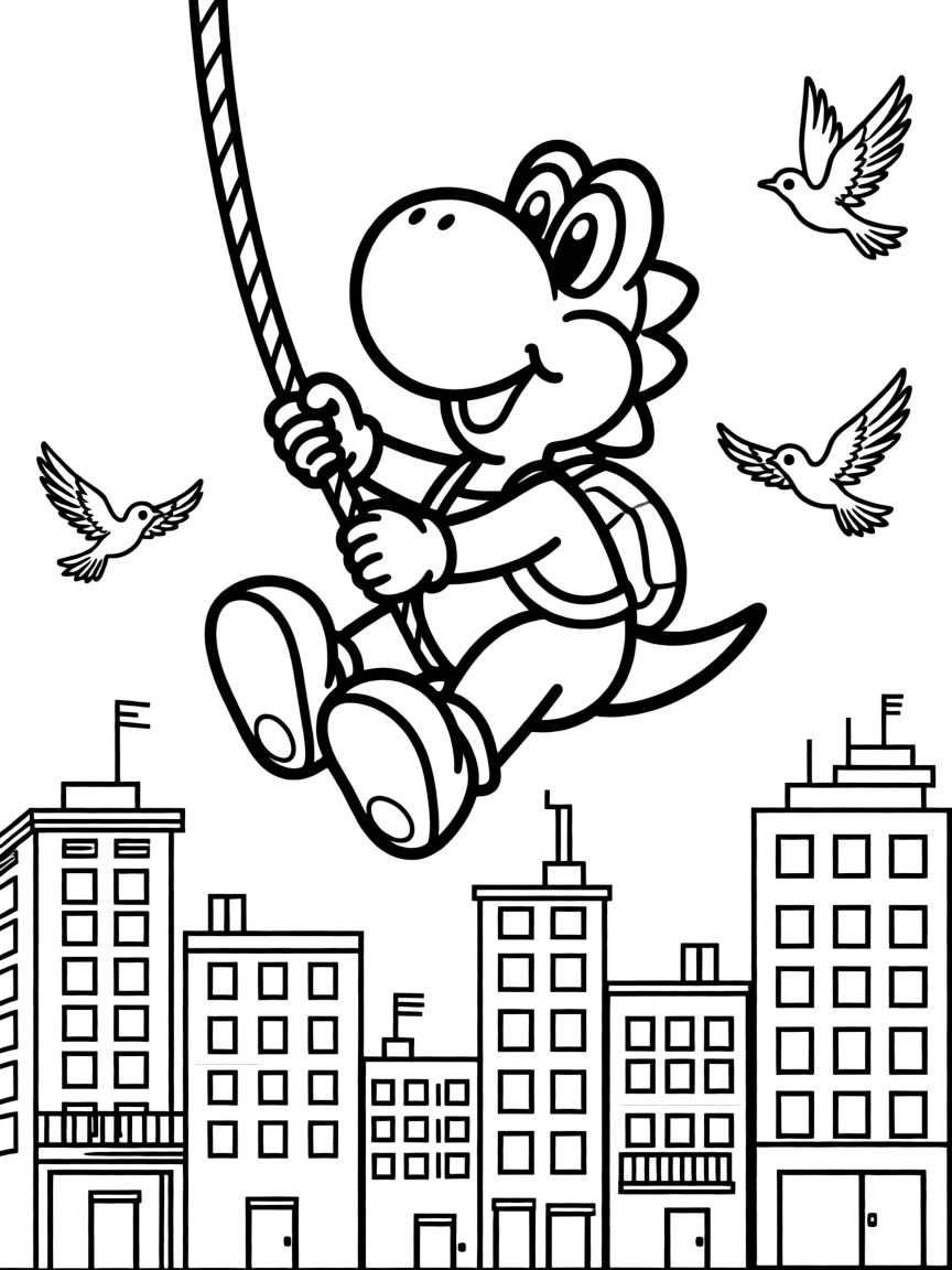A fun and detailed coloring page of Yoshi swinging through a city full of tall buildings and birds.