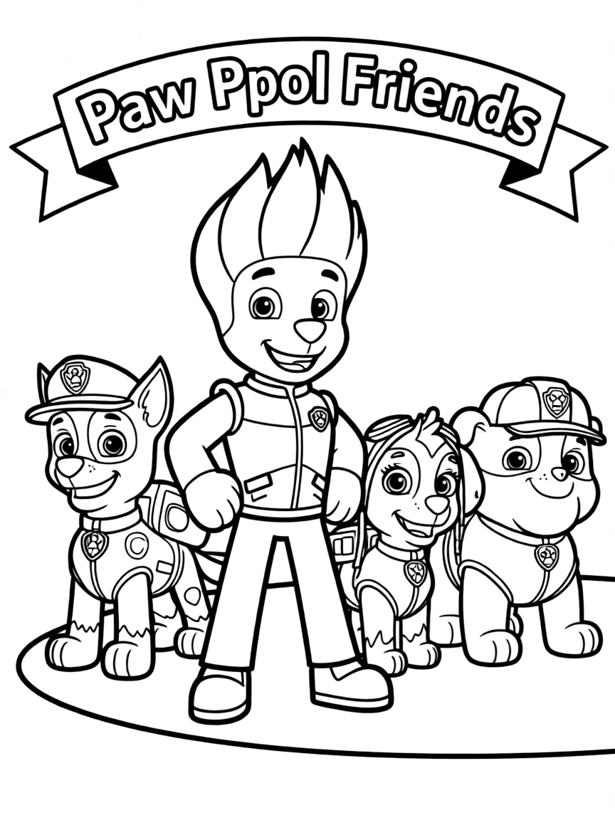 A group coloring page featuring Marshall with other characters from the same show or movie.