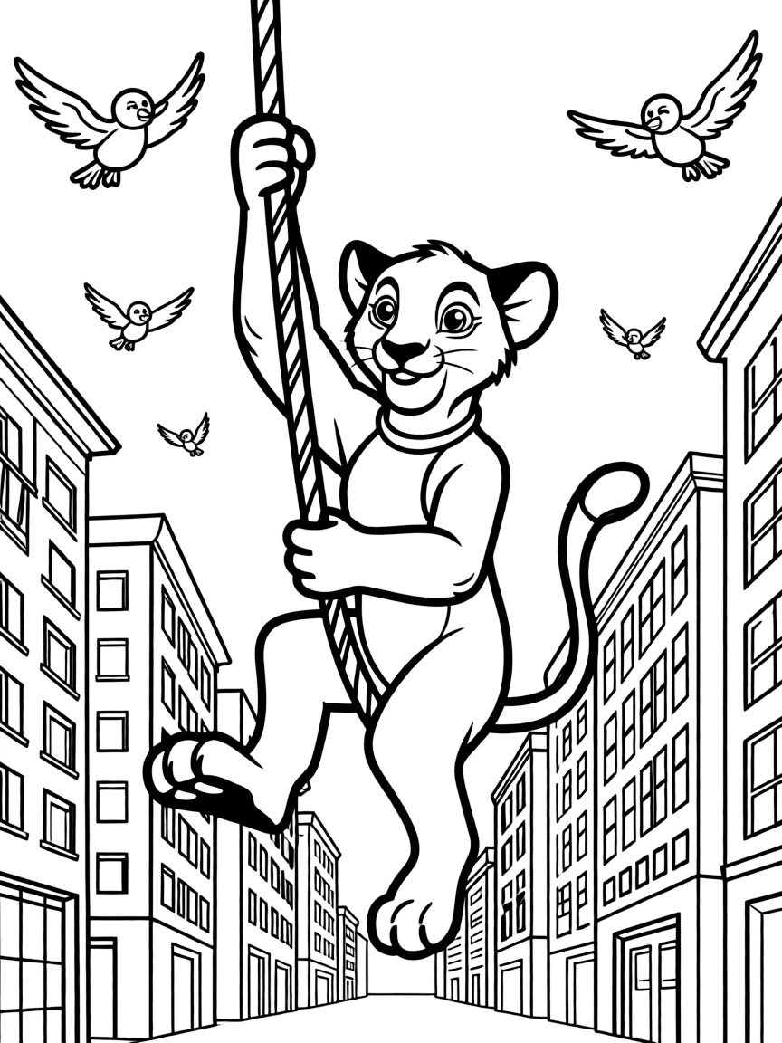 A fun and detailed coloring page of Nala swinging through a city full of tall buildings and birds.