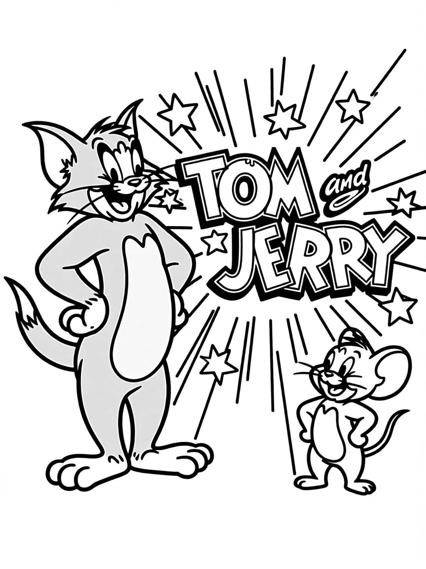 Tom and Jerry standing proudly in front of their iconic logo with stars and comic-style effects around.