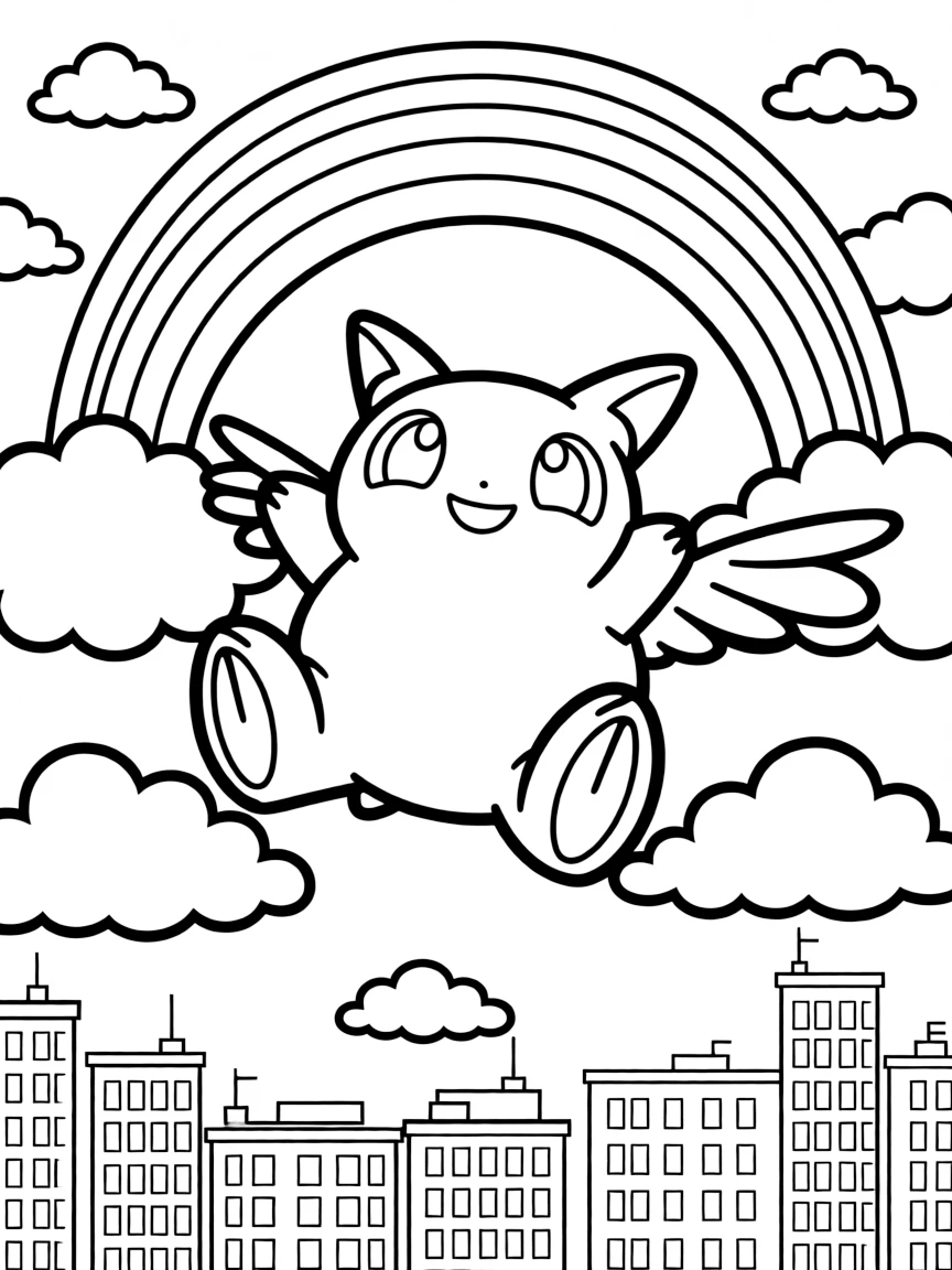 Jigglypuff flying through the clouds with a rainbow behind and city skyline below.