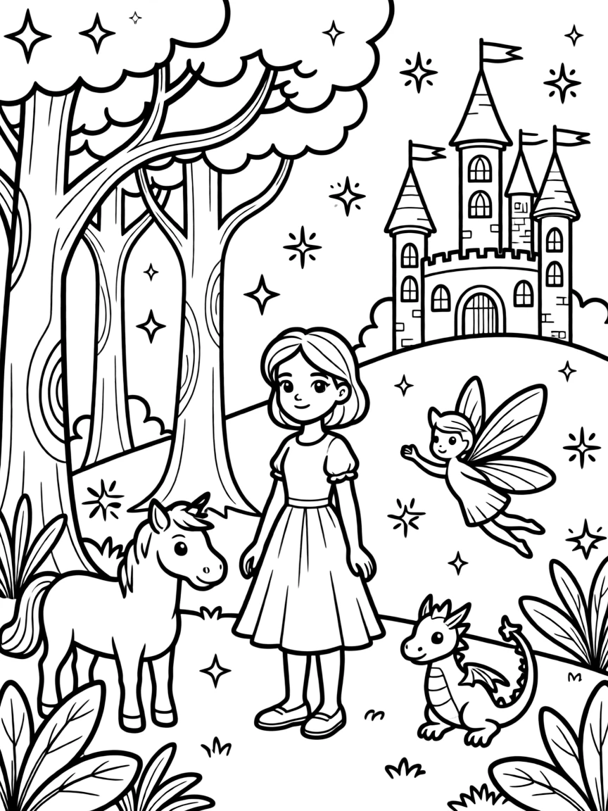 A fantasy background of Fiona in a magical forest or castle, with sparkles and mystical creatures.