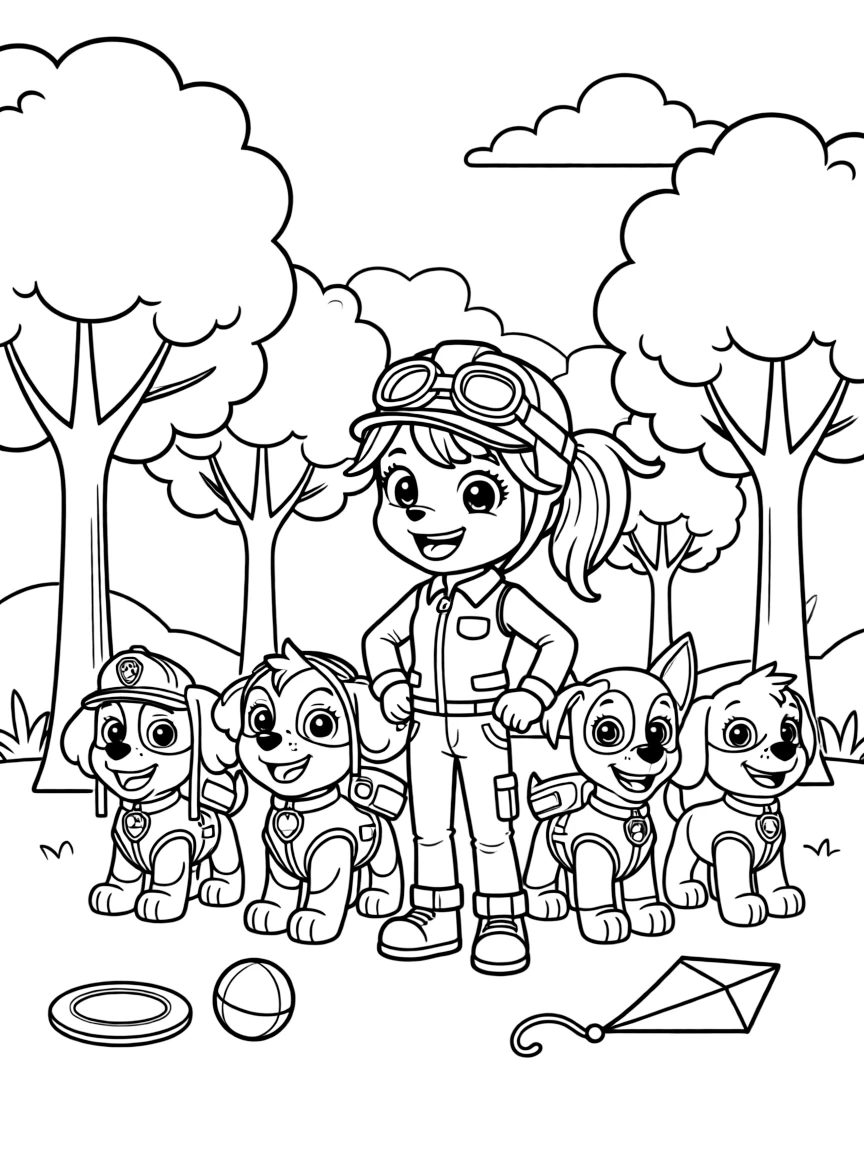 Skye smiling and posing with their sidekicks, surrounded by trees, toys, or fun backgrounds.
