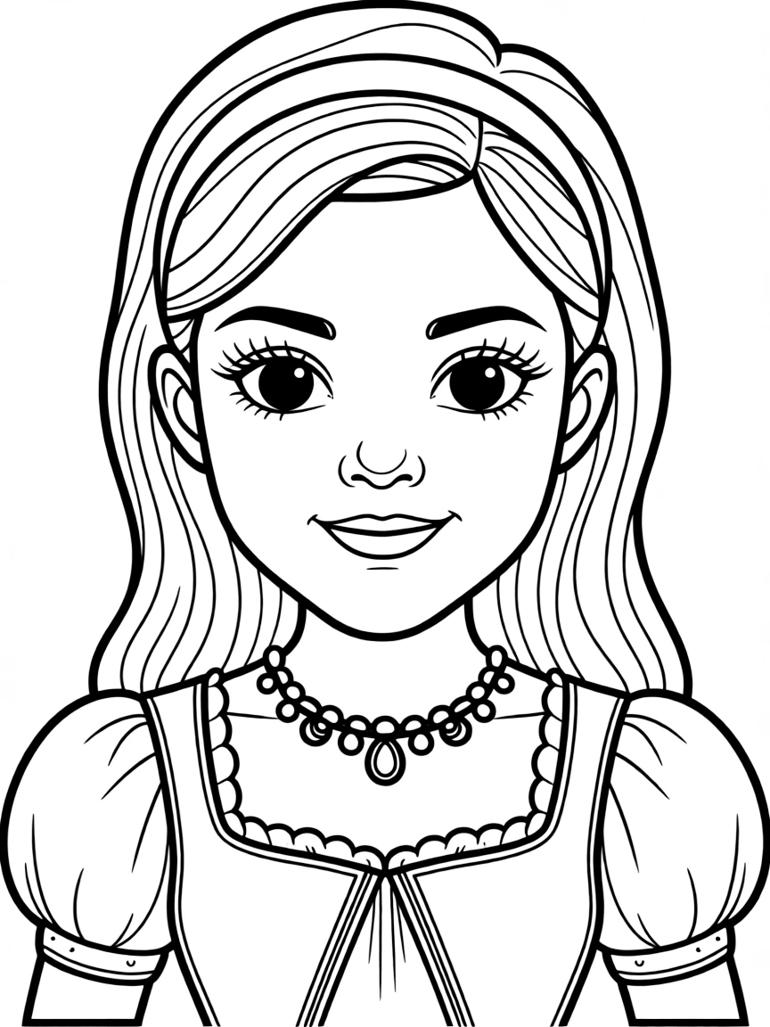 A close-up of Luisa's face in bold lines with expressive eyes and detailed costume elements.