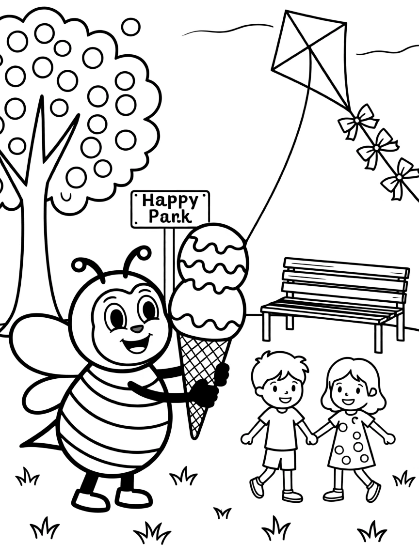 Bumblebee enjoying a day off, eating ice cream or playing with friends in a park setting.