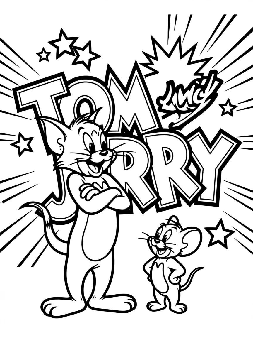 Tom and Jerry standing proudly in front of their iconic logo with stars and comic-style effects around.