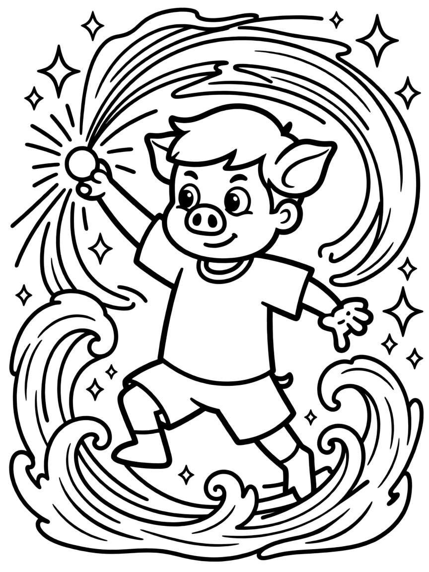 An action-packed scene of George Pig using their special powers in a dramatic battle pose.