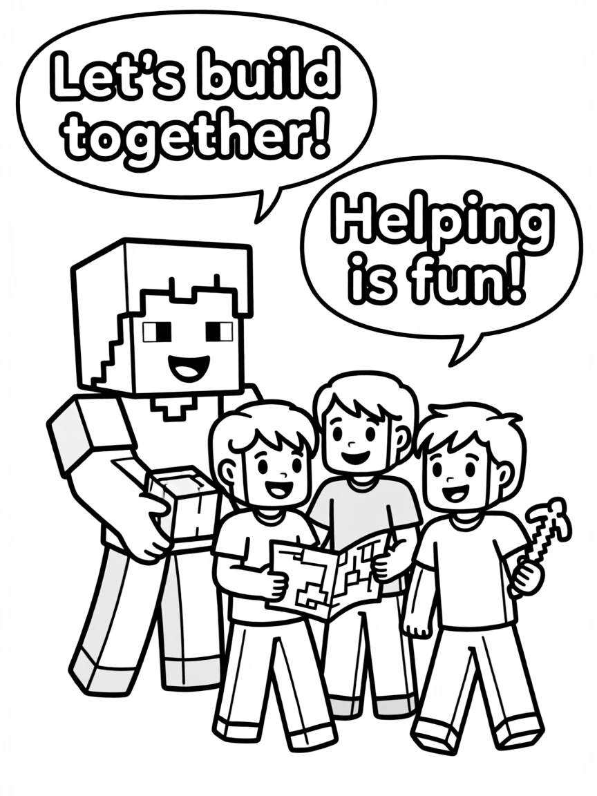 A cartoon-style drawing of Minecraft helping friends, with speech bubbles and cheerful faces.