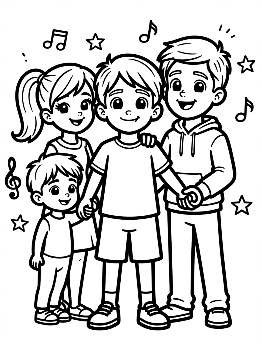 A group coloring page featuring Miguel with other characters from the same show or movie.