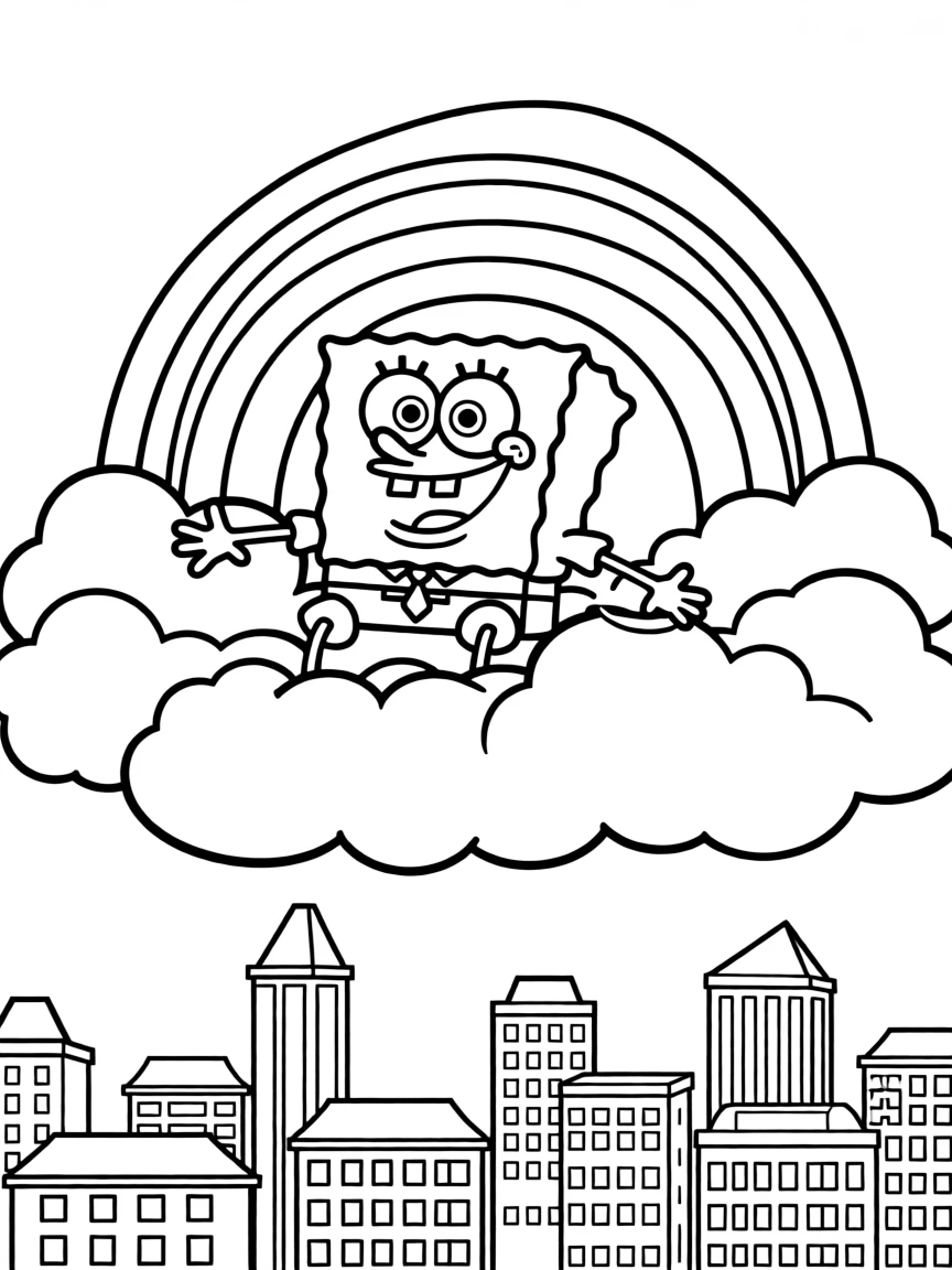 SpongeBob SquarePants flying through the clouds with a rainbow behind and city skyline below.