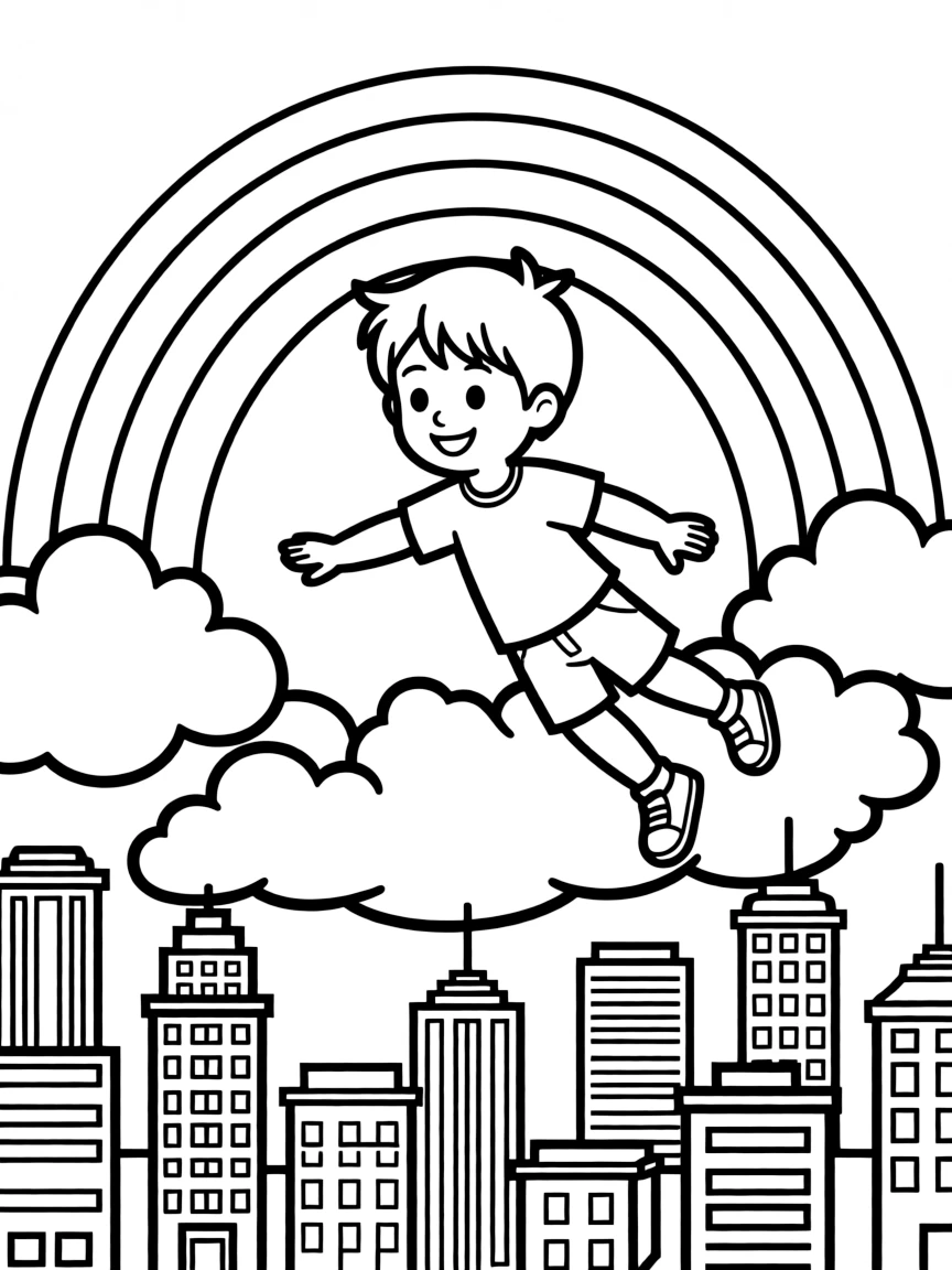 Miguel flying through the clouds with a rainbow behind and city skyline below.