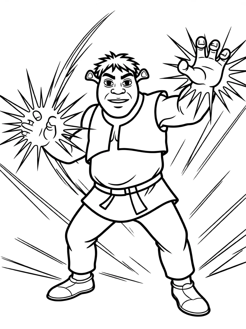 An action-packed scene of Shrek using their special powers in a dramatic battle pose.