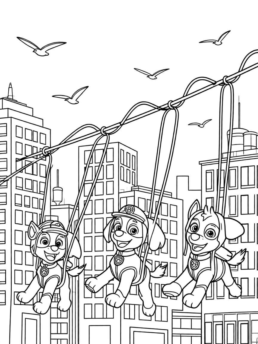 A fun and detailed coloring page of Paw Patrol swinging through a city full of tall buildings and birds.