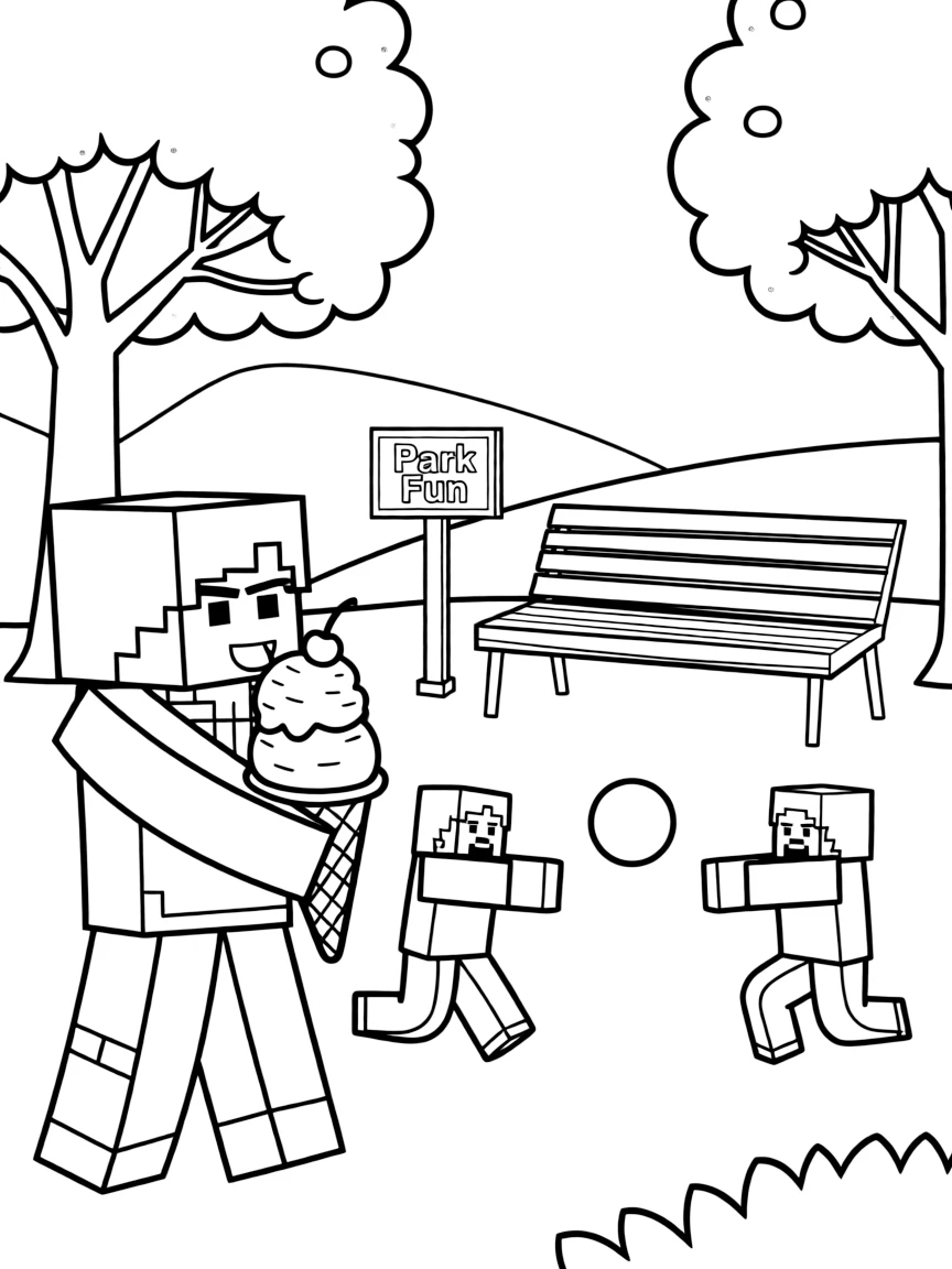 Minecraft enjoying a day off, eating ice cream or playing with friends in a park setting.