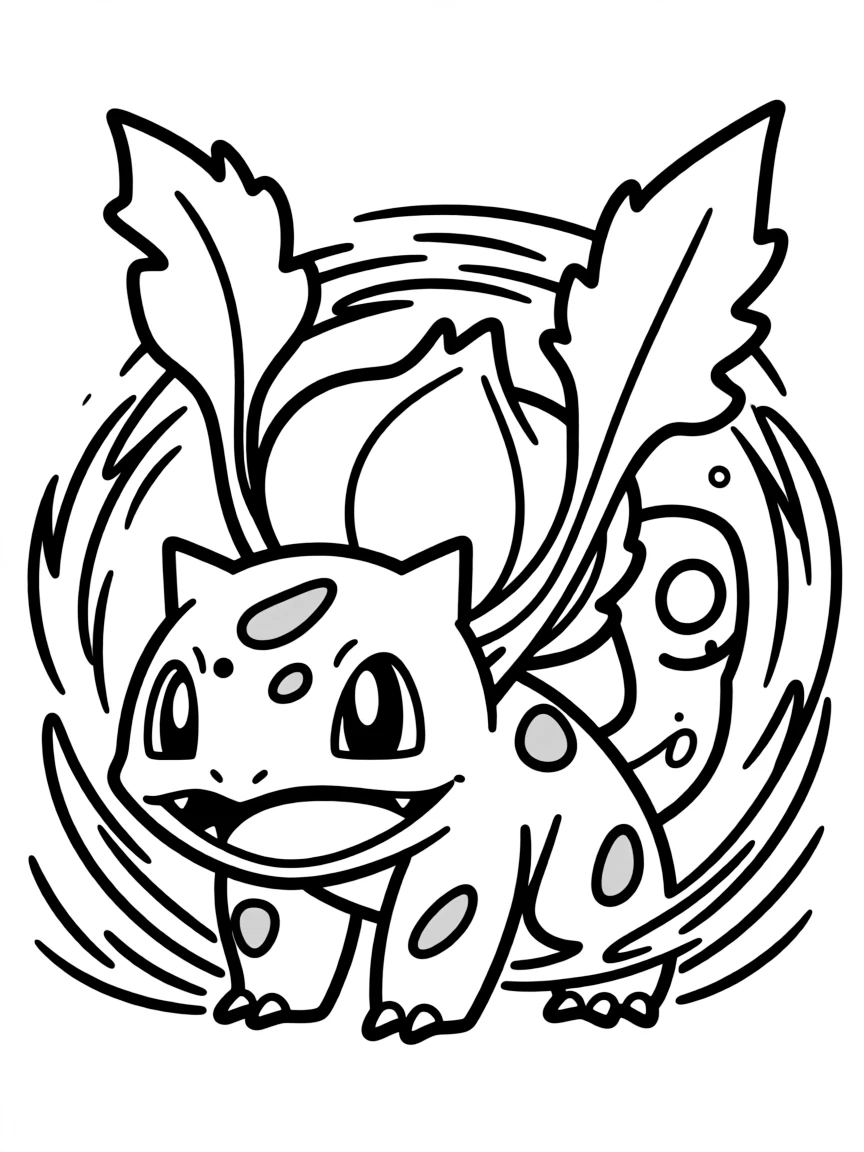 An action-packed scene of Bulbasaur using their special powers in a dramatic battle pose.