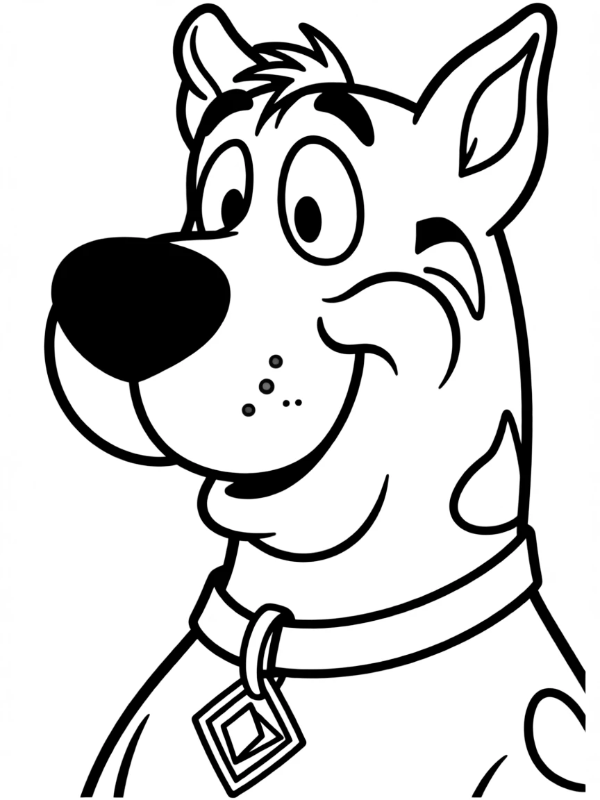 A close-up of Scooby-Doo's face in bold lines with expressive eyes and detailed costume elements.