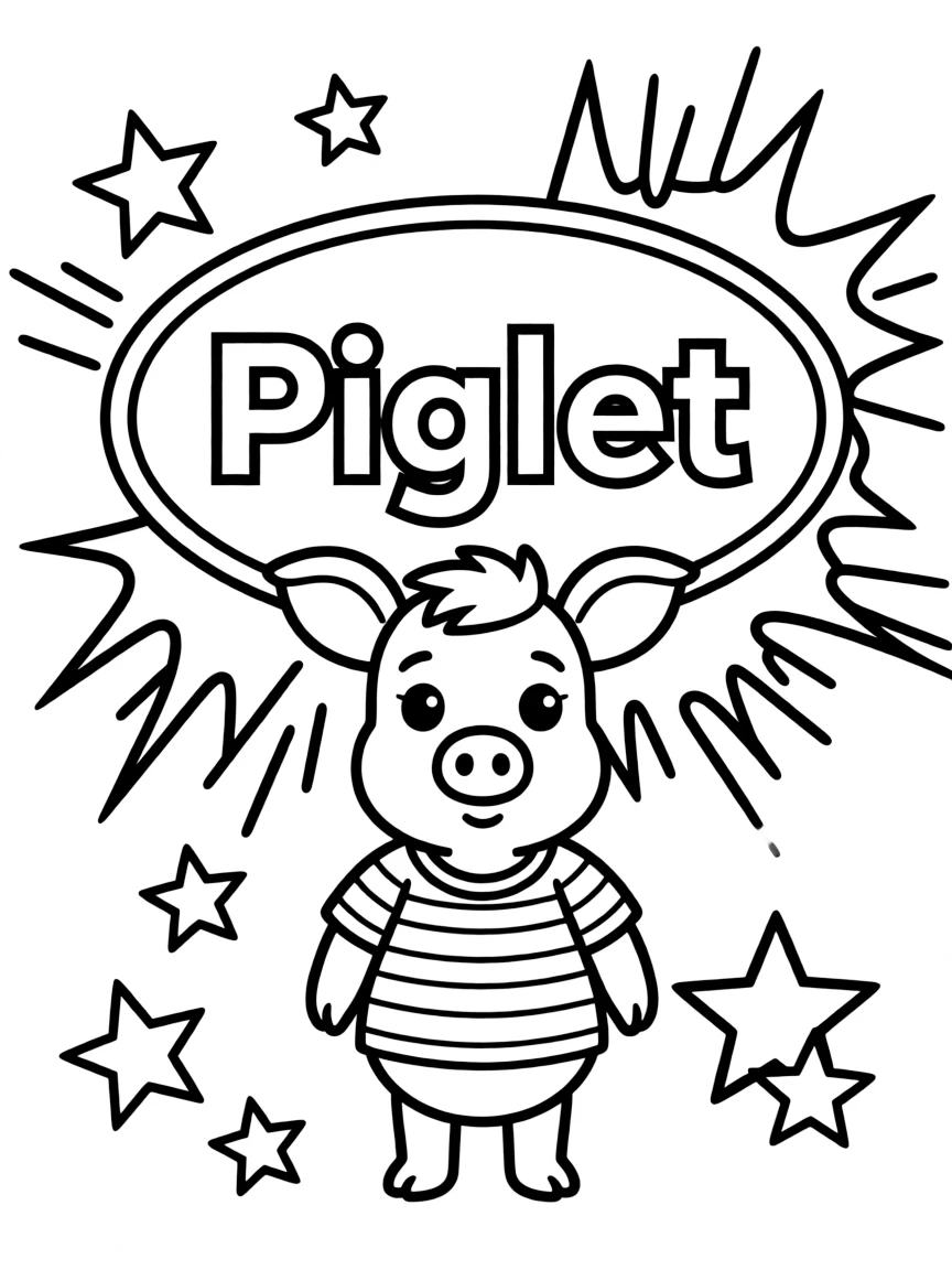 Piglet standing proudly in front of their iconic logo with stars and comic-style effects around.