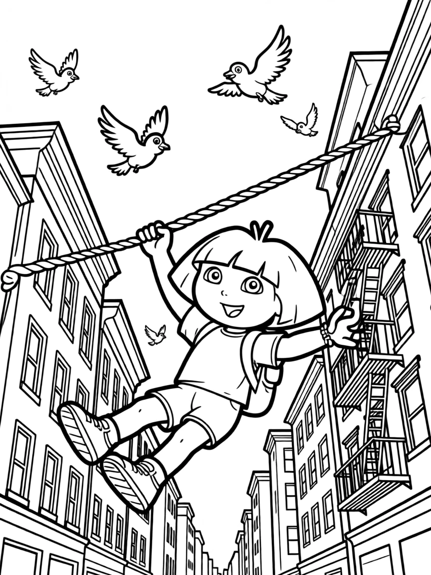 A fun and detailed coloring page of Dora the Explorer swinging through a city full of tall buildings and birds.