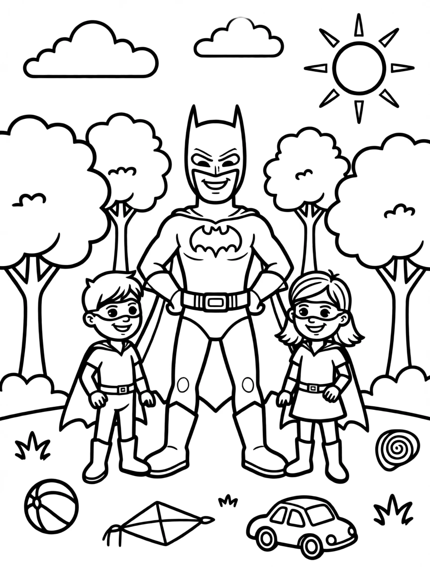 Batman smiling and posing with their sidekicks, surrounded by trees, toys, or fun backgrounds.