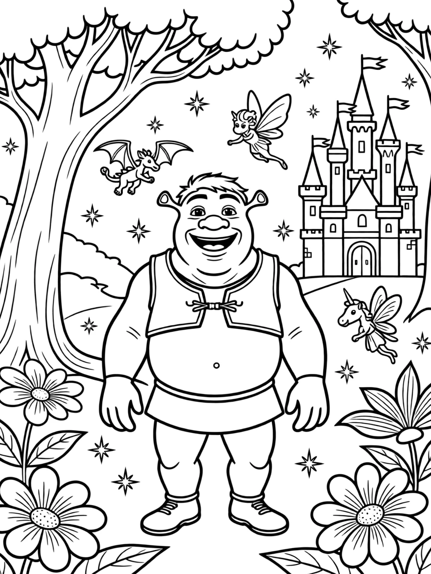 A fantasy background of Shrek in a magical forest or castle, with sparkles and mystical creatures.