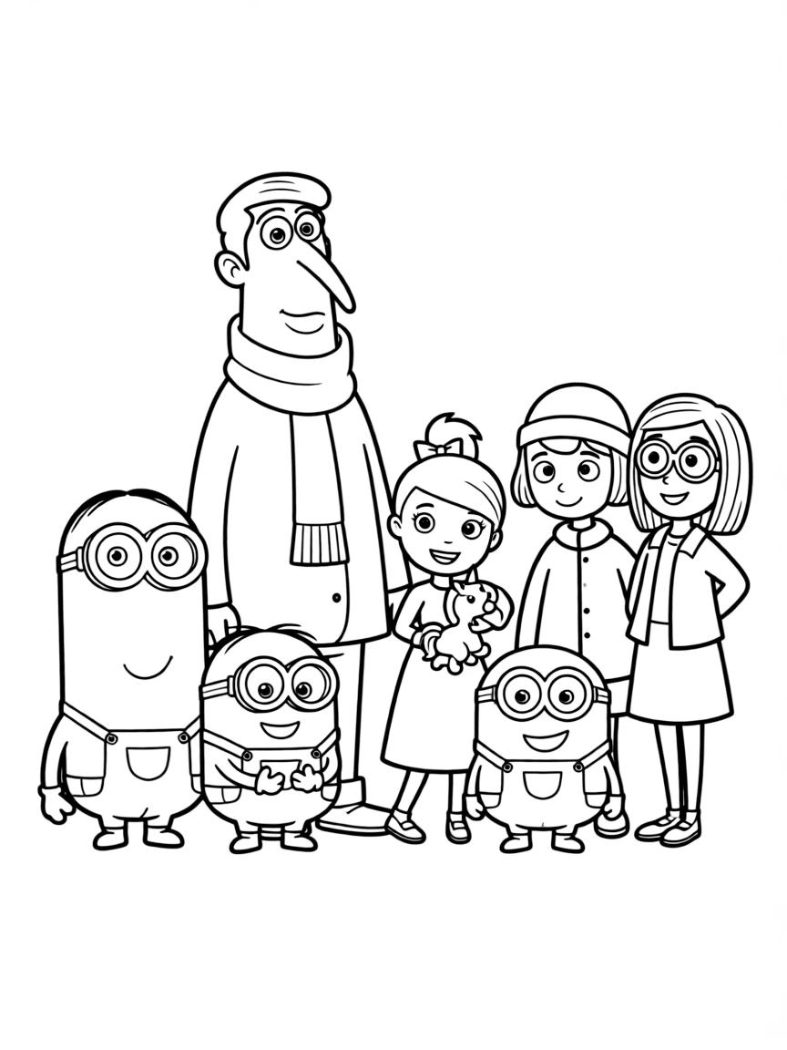 A group coloring page featuring Despicable Me with other characters from the same show or movie.