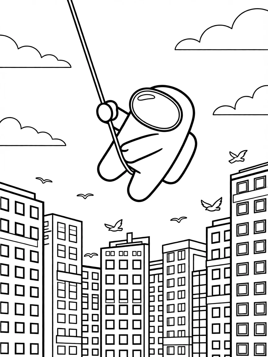 A fun and detailed coloring page of Among Us swinging through a city full of tall buildings and birds.