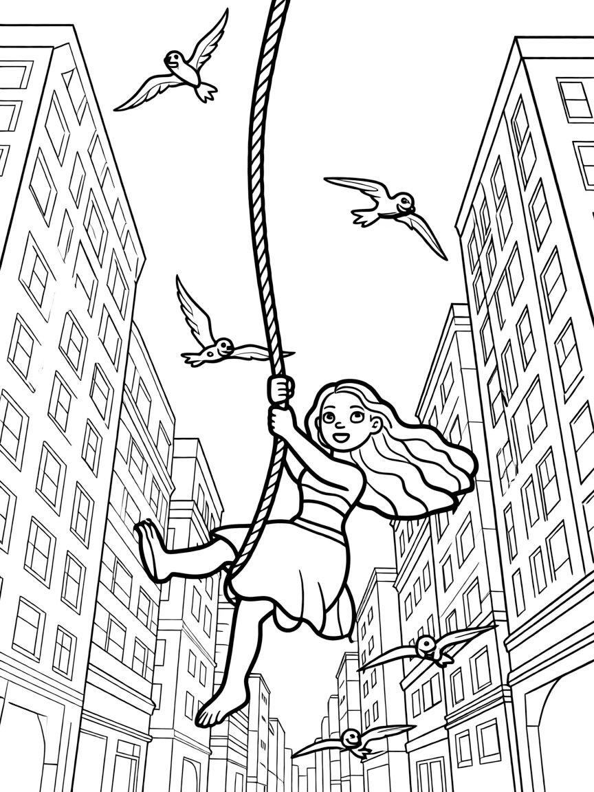 A fun and detailed coloring page of Moana swinging through a city full of tall buildings and birds.