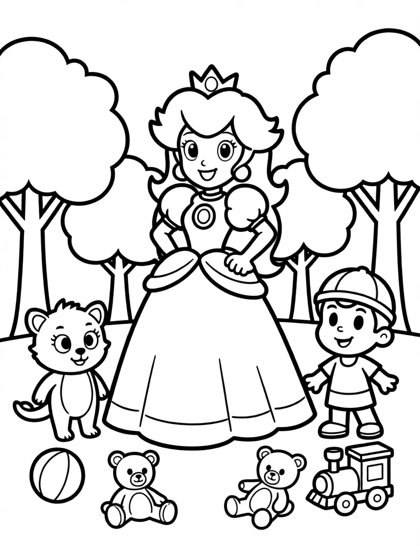 Princess Peach smiling and posing with their sidekicks, surrounded by trees, toys, or fun backgrounds.