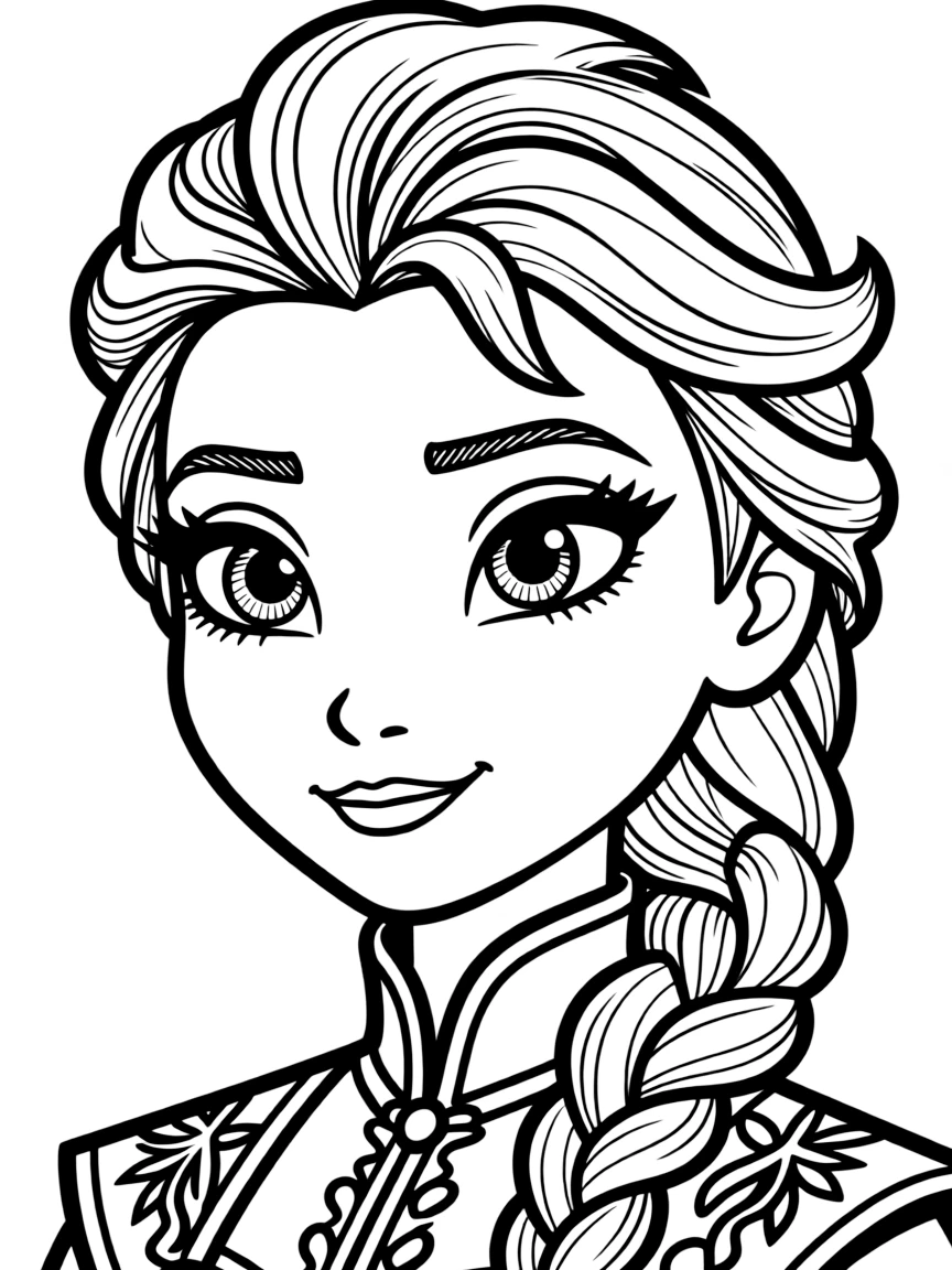 A close-up of Frozen's face in bold lines with expressive eyes and detailed costume elements.