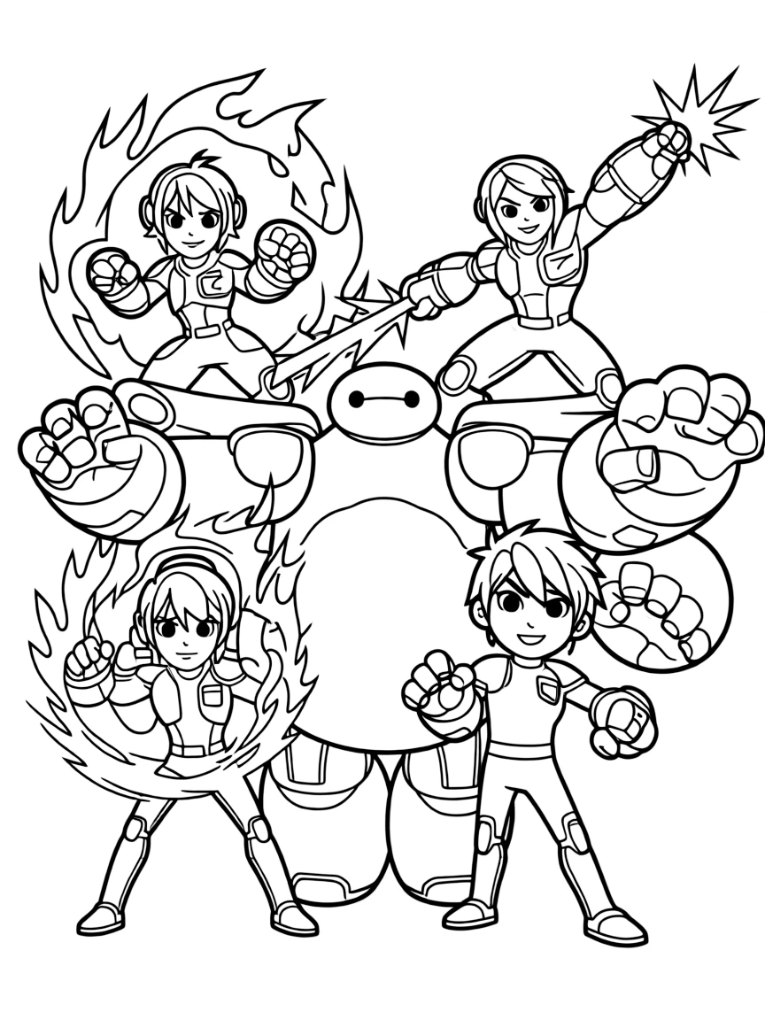 An action-packed scene of Big Hero 6 using their special powers in a dramatic battle pose.